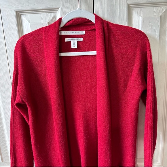 Max Studio Women’s Size S 100% Cashmere 2-Ply Knit Open Red Cardigan w/ Pockets - Picture 4 of 9